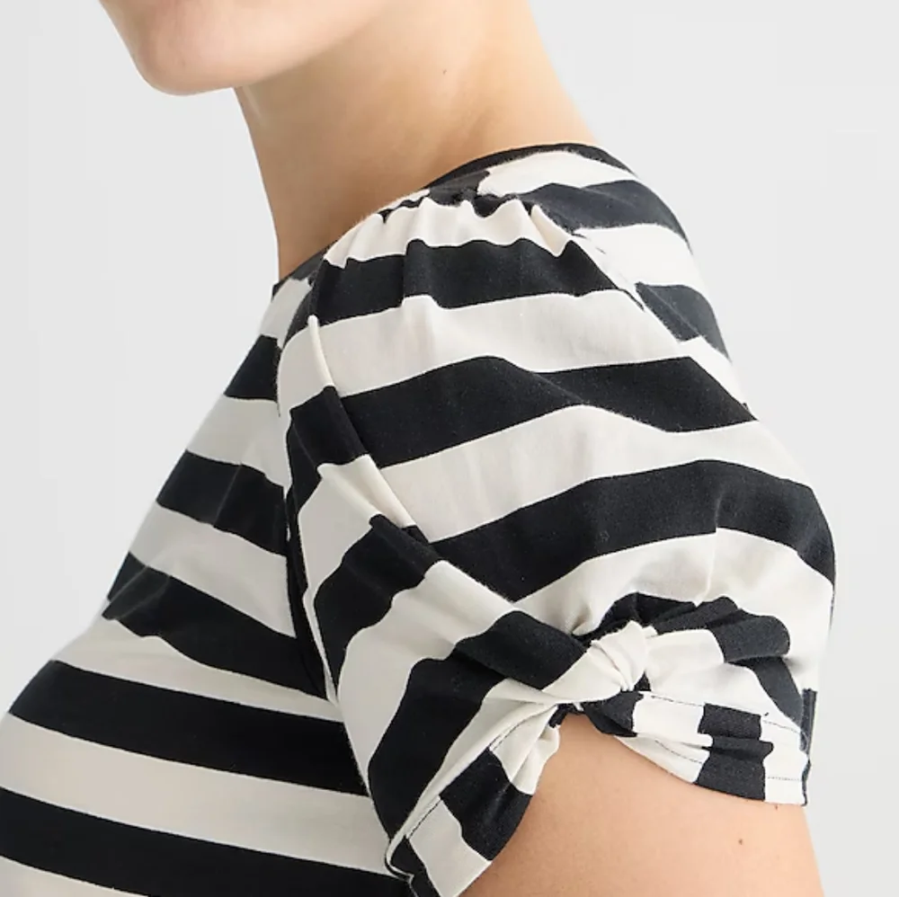 J.Crew Striped Puff Twisted Sleeves Classic Fit Tshirt, Small, White/ Black